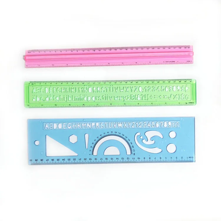 Hot Sale 12inch Straight Ruler Plastic Clear Assorted Color Alphabet Stencil Trace Ruler Set