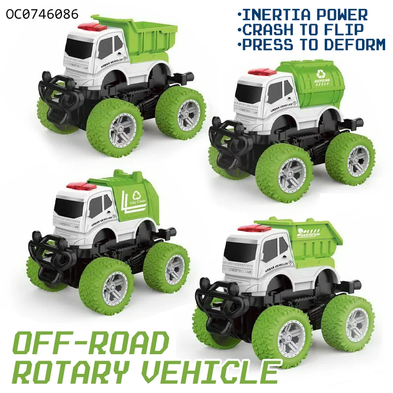 Cool city rotate friction power cartoon stunt car truck set toy for kids