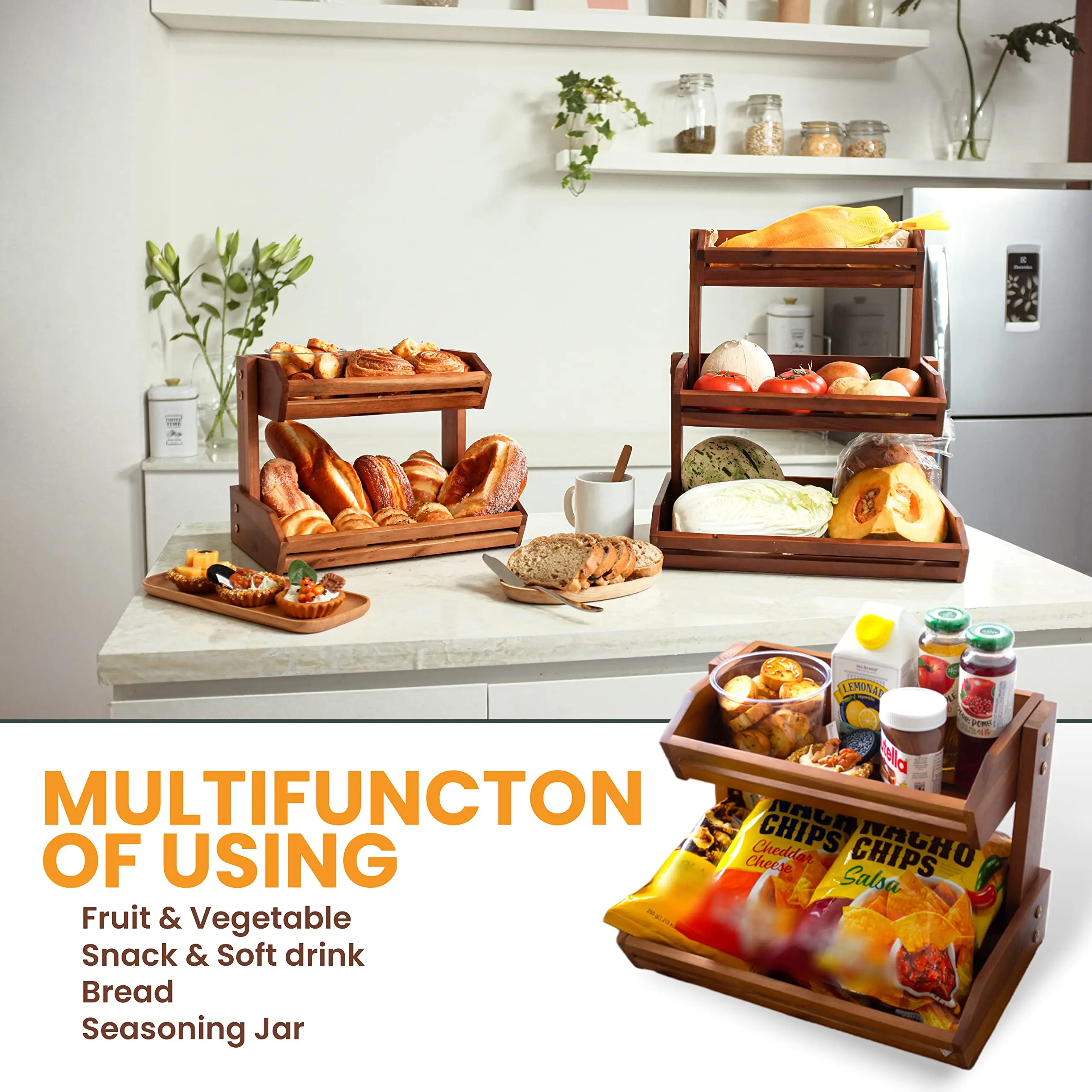 product 2 layer handcrafted wooden fruit vegetable storage rack for kitchen counters for home use eco fruit basket-12