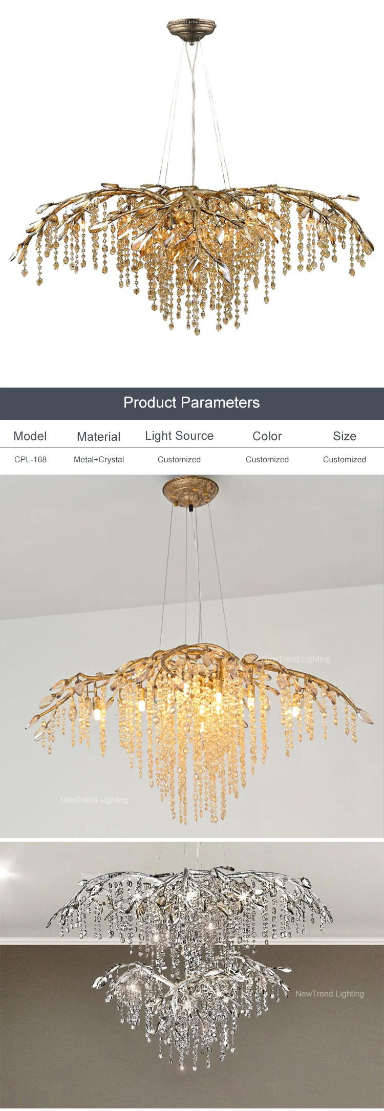 CPL-168 Modern Design Indoor Decoration Hotel Room Shop Villa Custom Crystal branch LED Chandelier Light factory