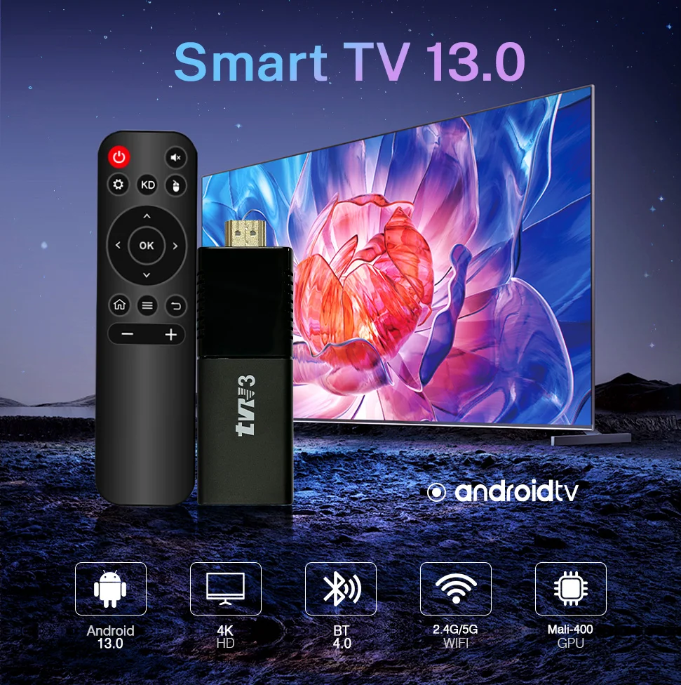 新款Tvr3电视棒安卓13电视棒S905Y4芯片双Wifi6 BT5.0 2GB 16GB内置内存消防电视棒4k语音遥控器