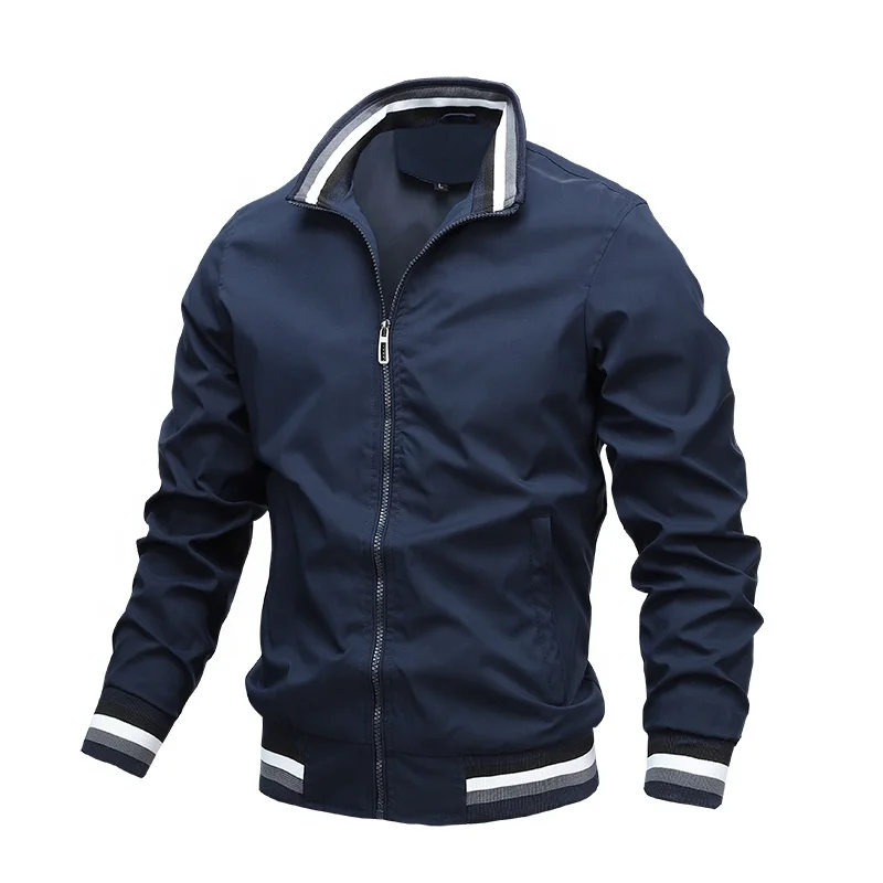 Men's Casual Solid Color Jacket Men Zipper Stand Collar Cotton Jacket Slim-Fit Simple and Versatile Jacket with Pockets