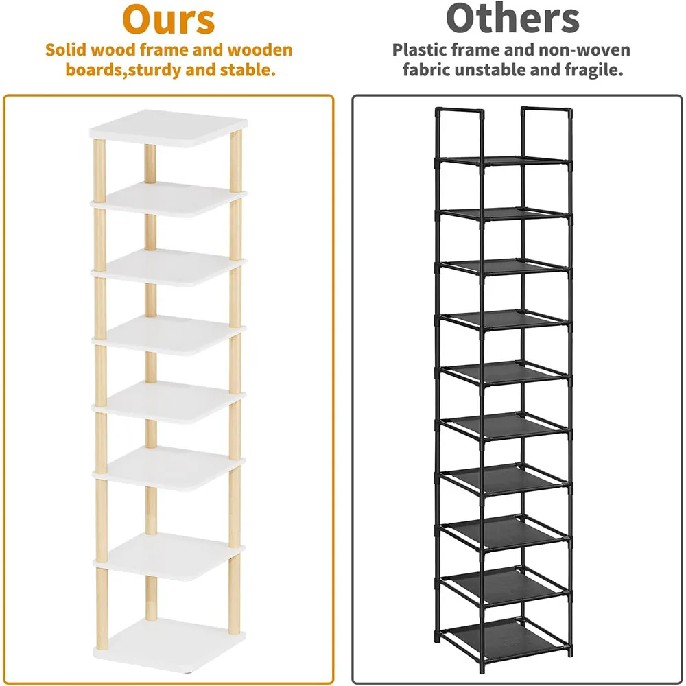 8-Tier Vertical Shoe Rack Modern Design Tall Narrow Freestanding Wooden Shoe Organizer for Entryway Closet Living Room Furniture details