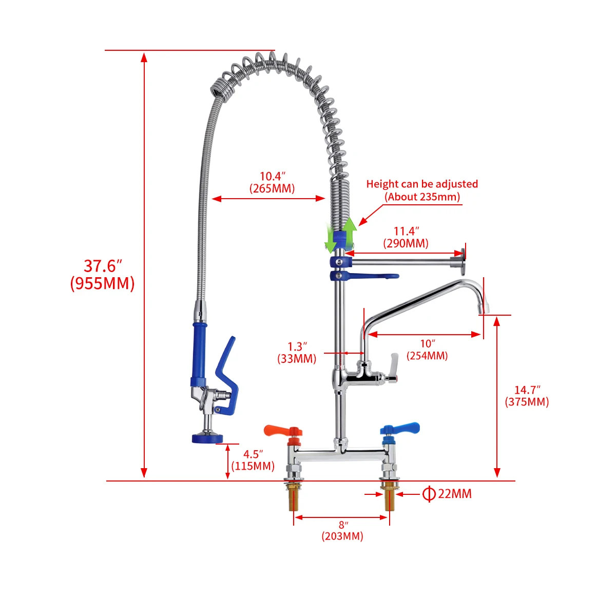 Factory Custom Commercial Kitchen Faucet 32/38-Inch Deck Mount Brass Spray Dual Handle Pre-Rinse Mixer Sink Taps Hot Cold Water manufacture