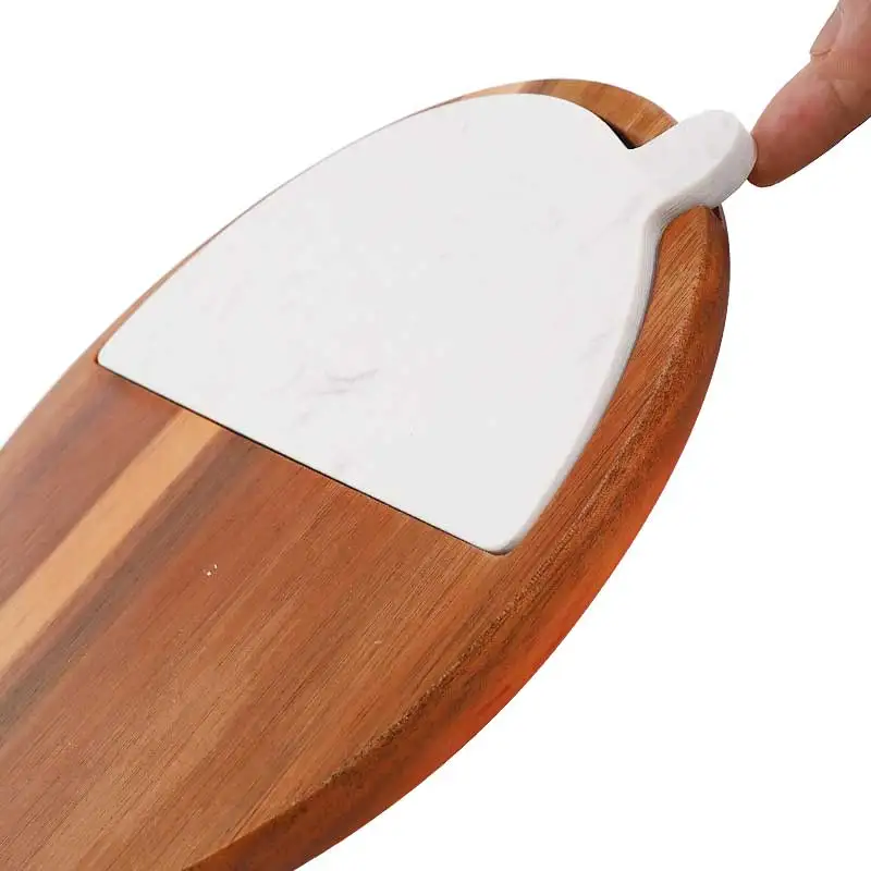 Round Wooden Cheese Board Set Acacia Wood Cheese Serving Board with White Marble Charcuterie Platter Cheese Serving Tray