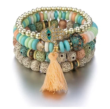 New Jewelry Bohemian Ethnic Bracelet Handmade bulk Fashion Bergamot Turquoise Bodhi Tassel Beaded Bracelet