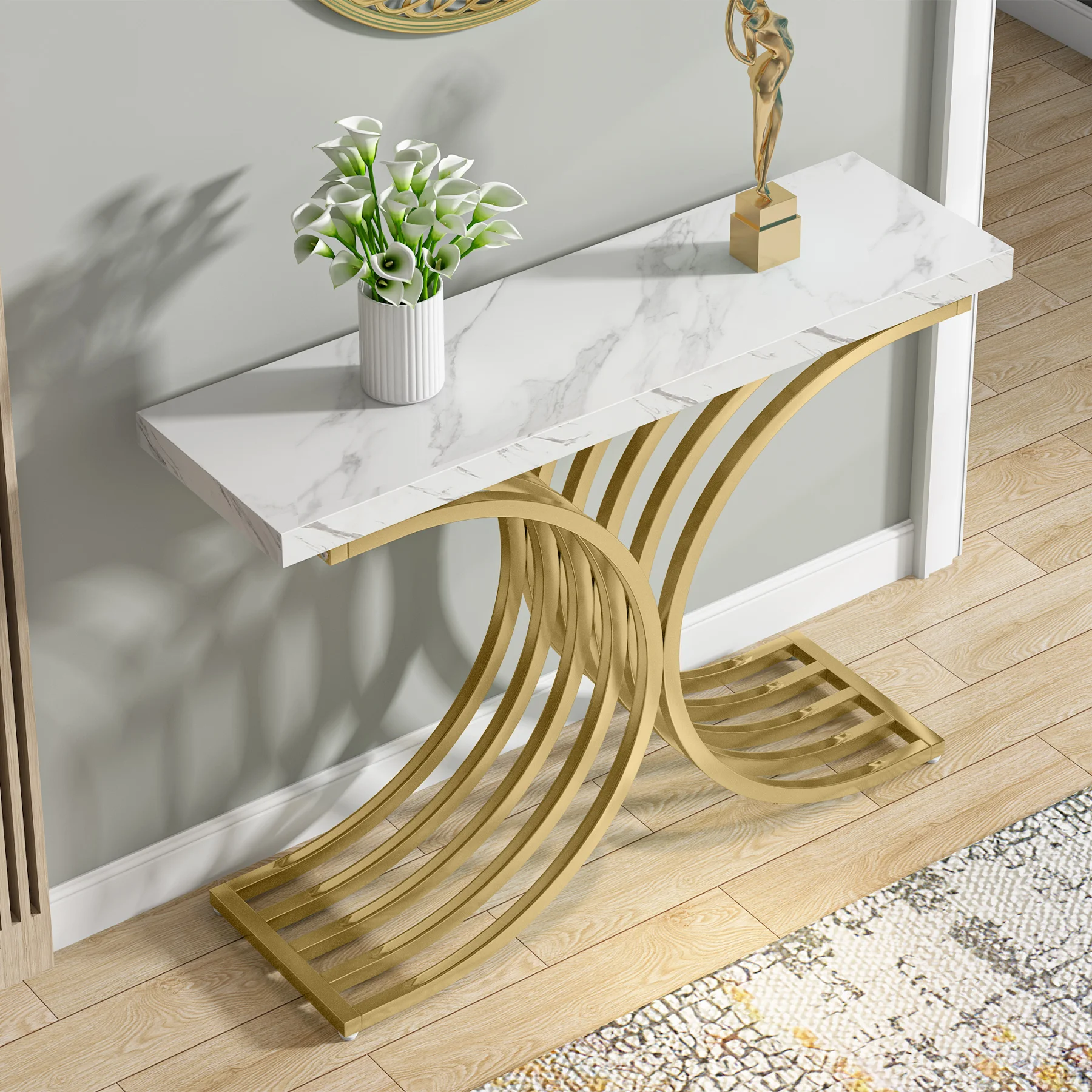 Tribesigns Wooden Luxury Living Room Furniture Modern White Faux Marble Top Gold Metal Console Table