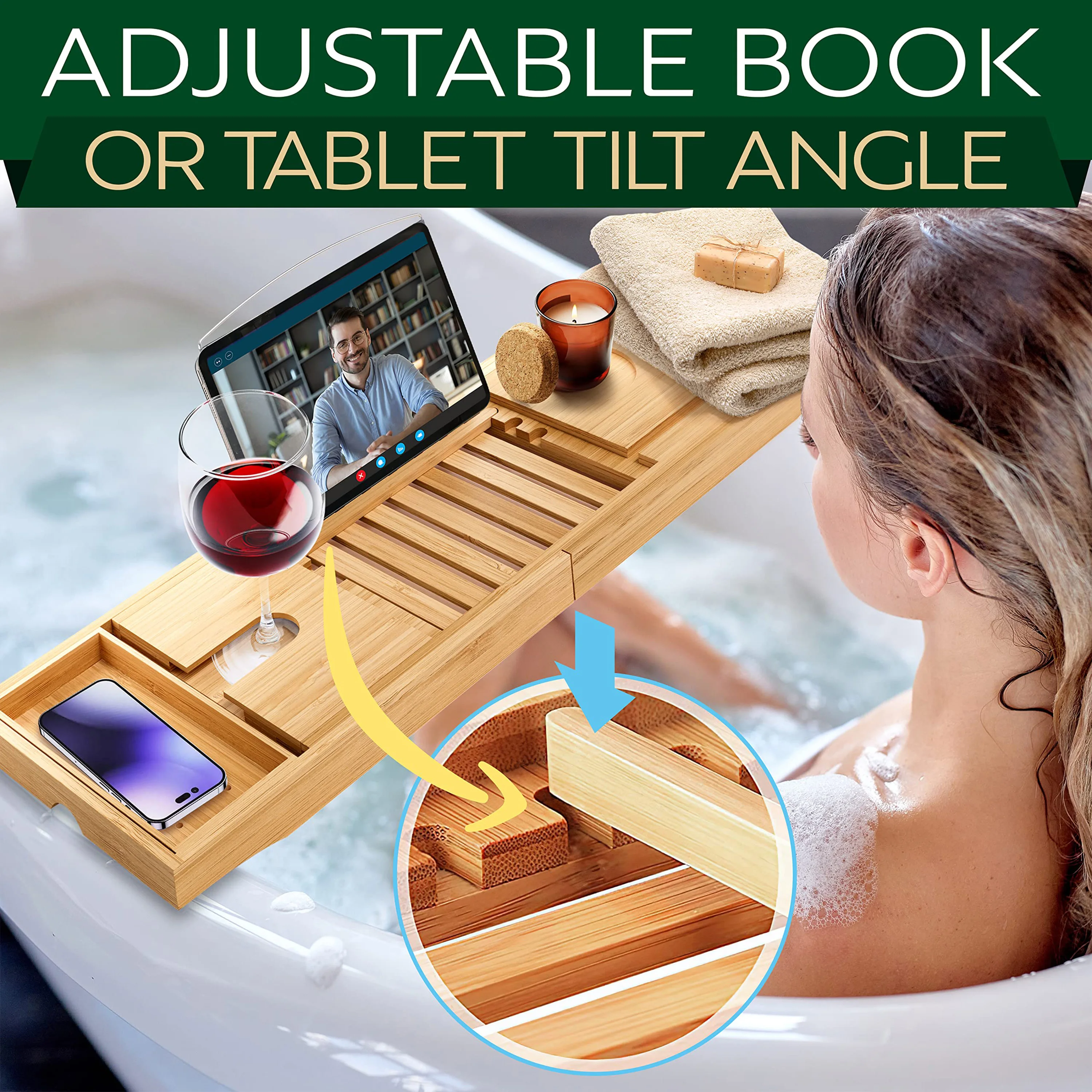 product luxury bamboo bathtub caddy tray extendable bath tub organizer bathtub tray wine glass holder bathroom accessories-8