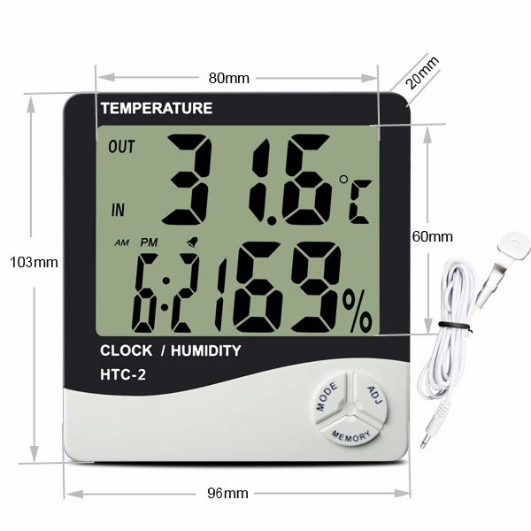 LCD Digital Hygrometer Humidity Thermometer Temperature Meter Gauge Clock HTC2 