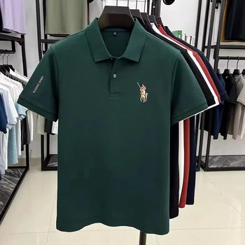 Men's high-quality summer polo shirt business casual solid color embroidery long sleeved knitted fabric lapel print 3D golf