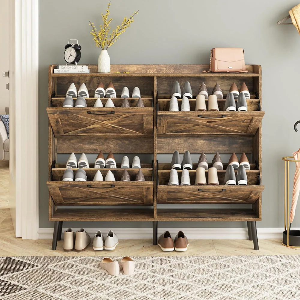 Modern 4-Drawer Freestanding Shoe Cabinet Large Wooden Narrow Shoe Rack with Metal Drawers Bracket factory