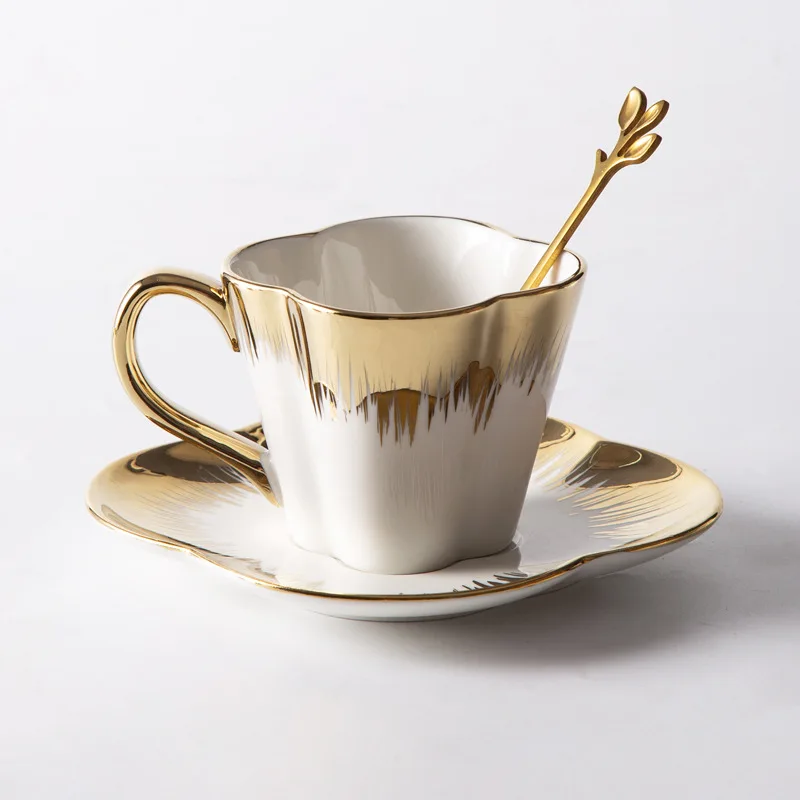 Gold rim gold handle hot Nordic ceramic petals coffee mug cup new trend flower shape tea couple cups and saucer set