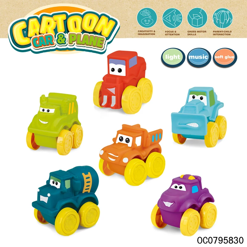 Toddler soft play cartoon car custom rubber toy with light music