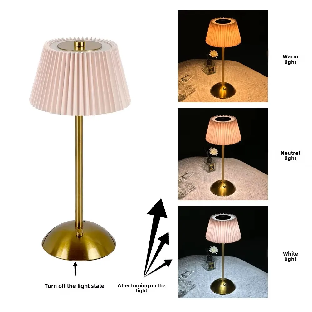 Modern Minimalist Rechargeable Touch Night Light Pleated Fabric Metal Bedside Atmosphere Lamp 5V Battery Cross-Border Table Lamp
