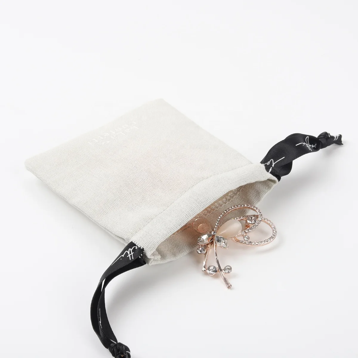 Custom Logo Printed Small Cotton Linen Ring Bracelet Pouch Bag Beige Cotton Jewelry Drawstring Bag