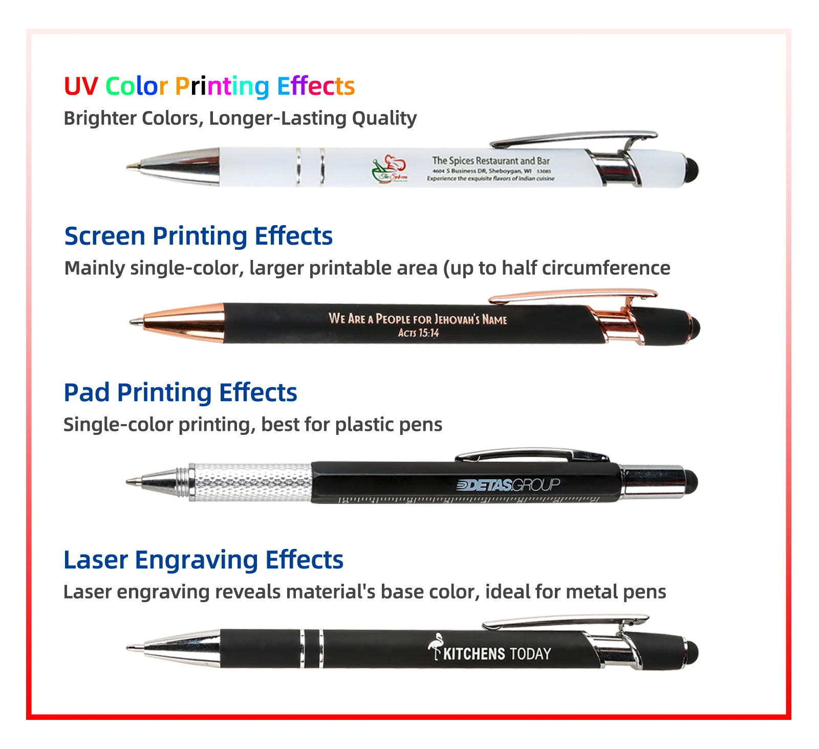 Comparison of UV color printing, screen printing, and laser engraving effects on pens.
