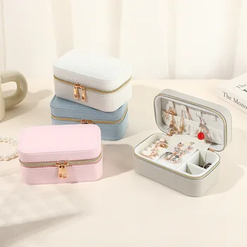 Mini  PU Leather Jewellery Box Travel Portable Jewelry Box Earring Earrings Ring Jewellery High  Quality Zipper Storage Case