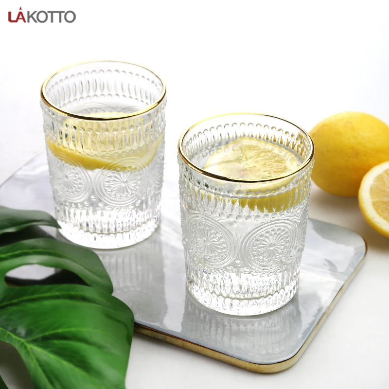 300ml Creative Design Round Shape Glass Tumbler with Gold Rim Big Capacity Engraved Glass Wine Juice Cup for Home Wedding Bar