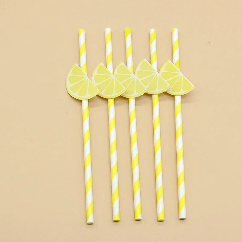 Yellow Lemon Card Disposable Paper Straws For Birthday Party Decoration