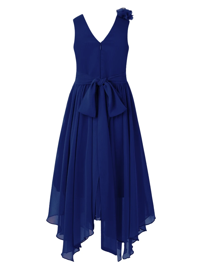 Kids Girls 3d Applique Party Dress V Neck Sleeveless Asymmetrical Hem