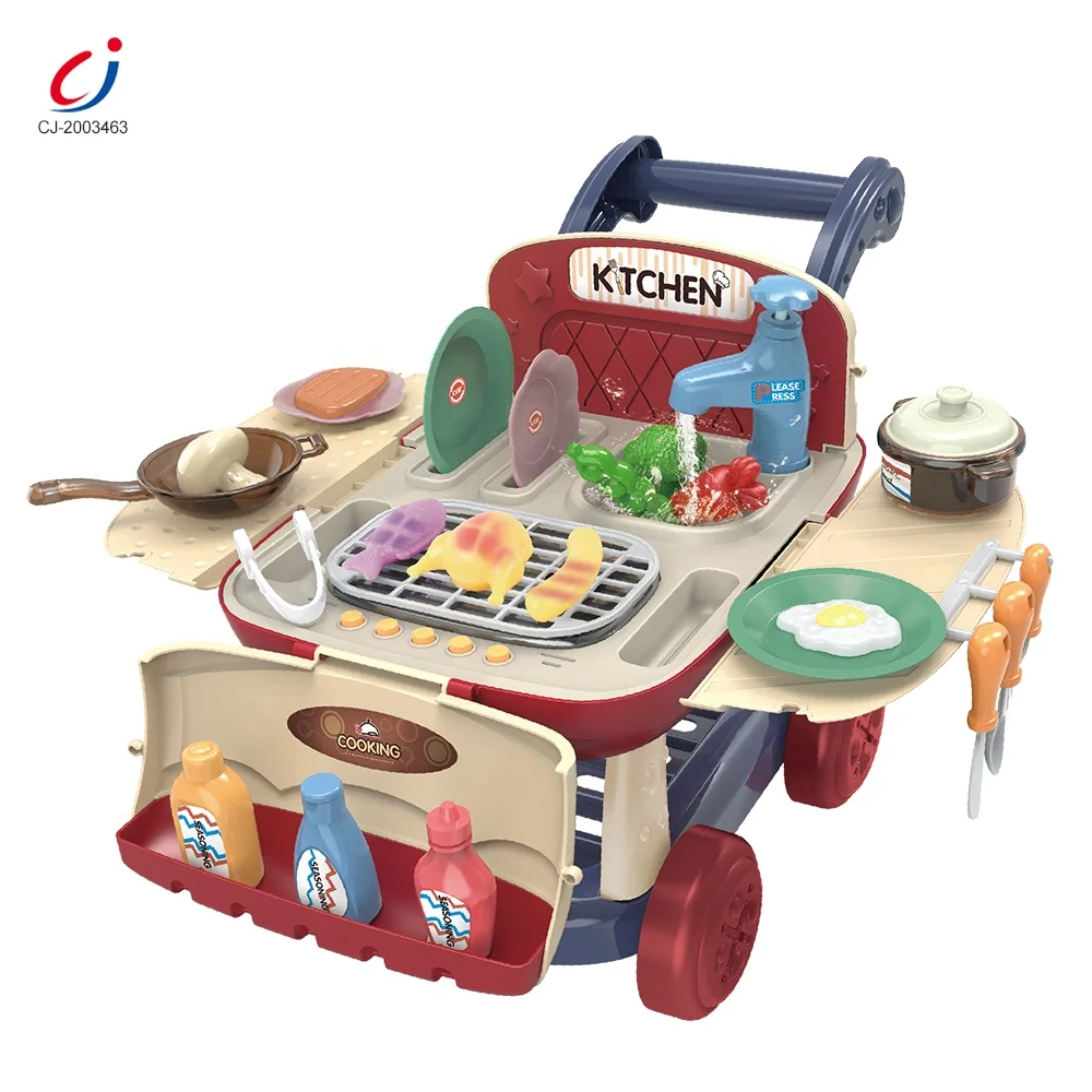 Chengji kid toys manufacturer pretend kitchen cooking toys push food cart kid trolley supermarket shopping kitchen cart toy