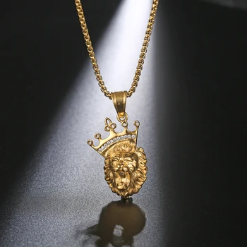 Customized Lion Crown CZ Diamond Gold Plated Men Chain Pendant Necklace