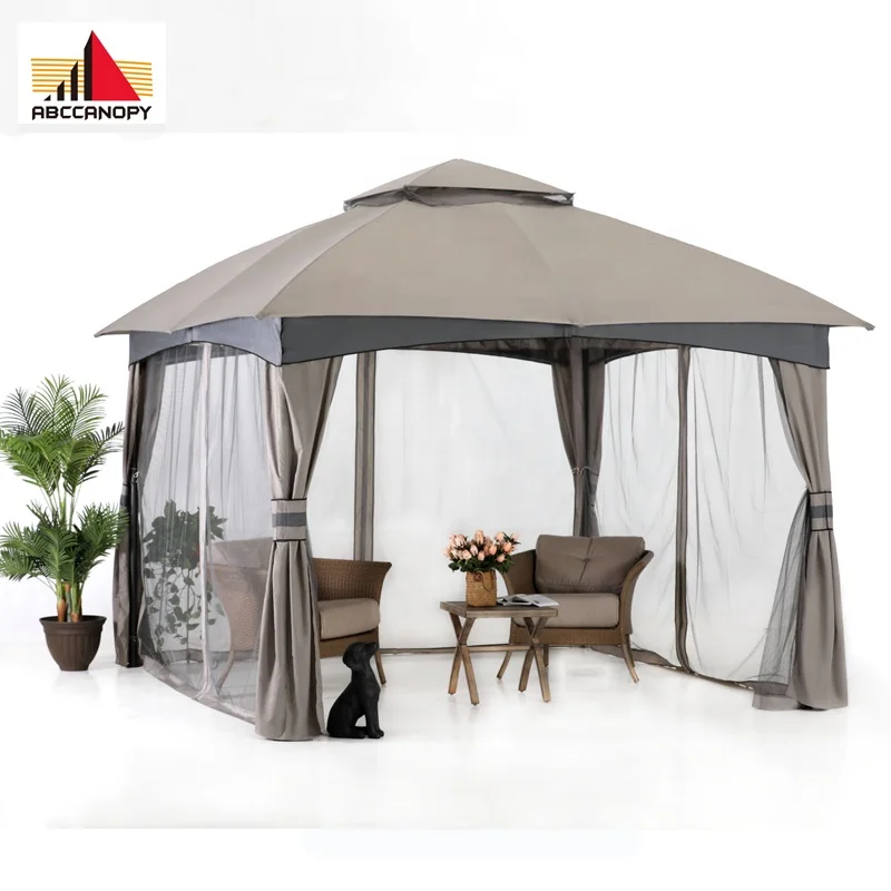Double Roof Patio Gazebo with Netting and Shade Curtains ABCCANOPY 8'x8' Outdoor Gazebo Beige 