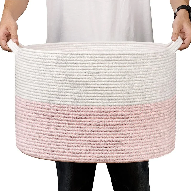 Handmade Foldable Cotton Rope Blanket Basket for Living Room Laundry Hamper Nursery Basket