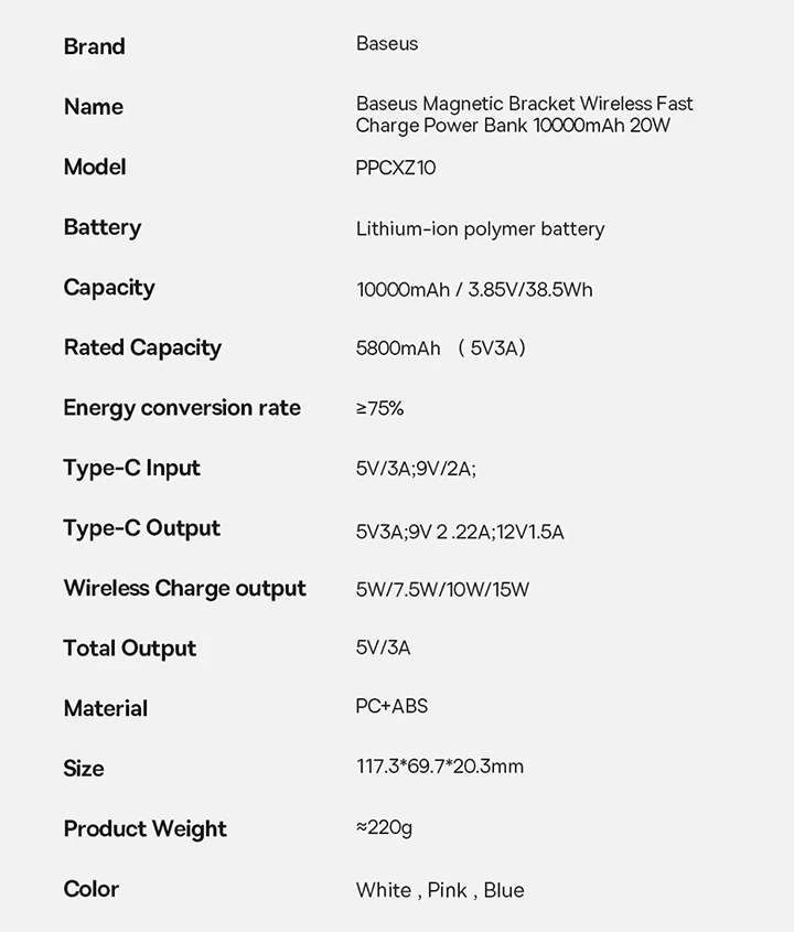 Power Bank Baseus 10.000 mAh 20W + Câble Type-C-to Type-C 60W en 2 Couleurs Noir et Blanc-1