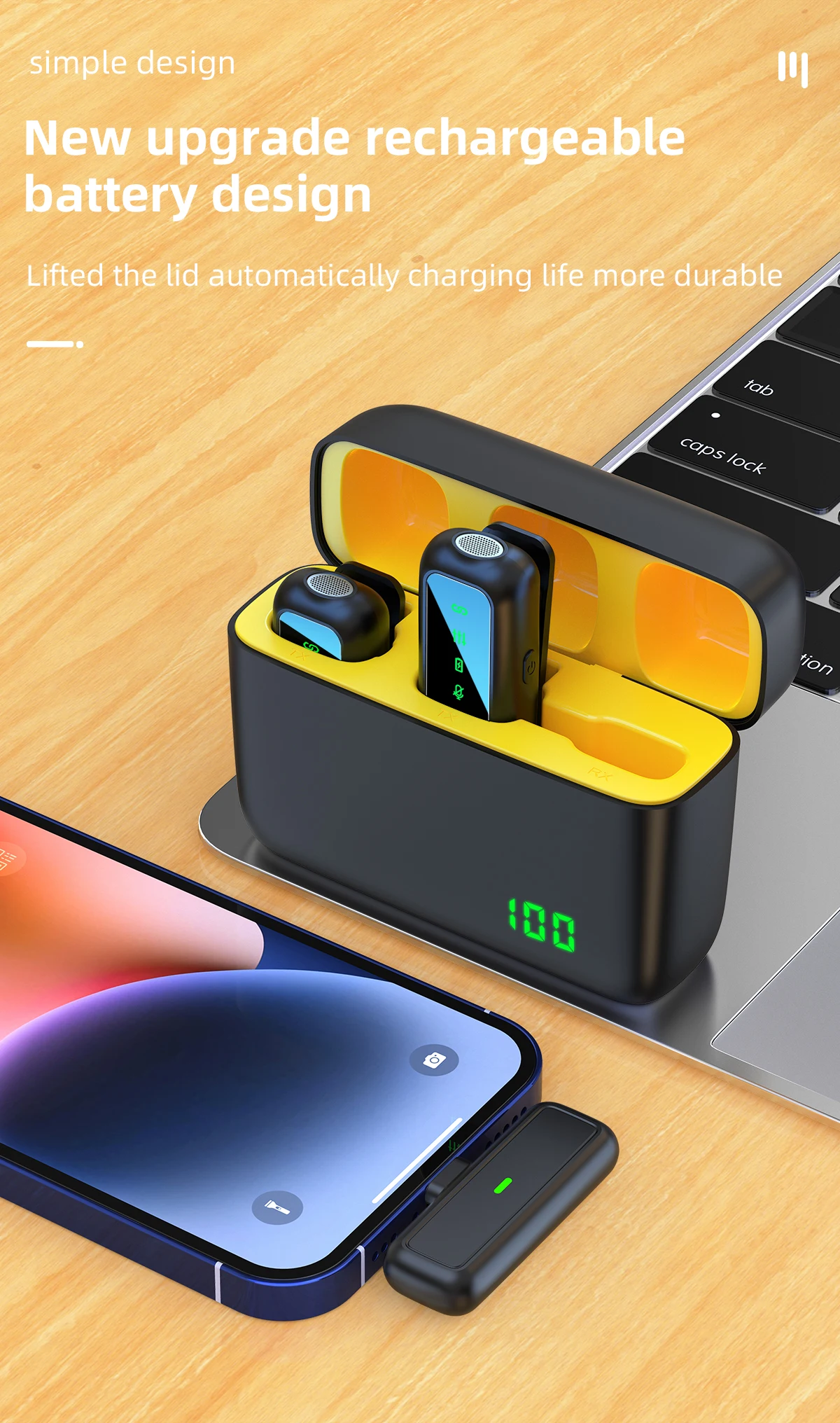 SX6 Lot de 2 microphones cravate sans fil pour iPhone et iPad avec étui de chargement et affichage numérique.