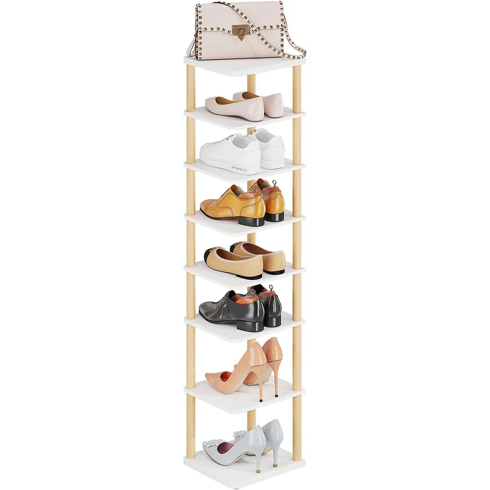 8-Tier Vertical Shoe Rack Modern Design Tall Narrow Freestanding Wooden Shoe Organizer for Entryway Closet Living Room Furniture details