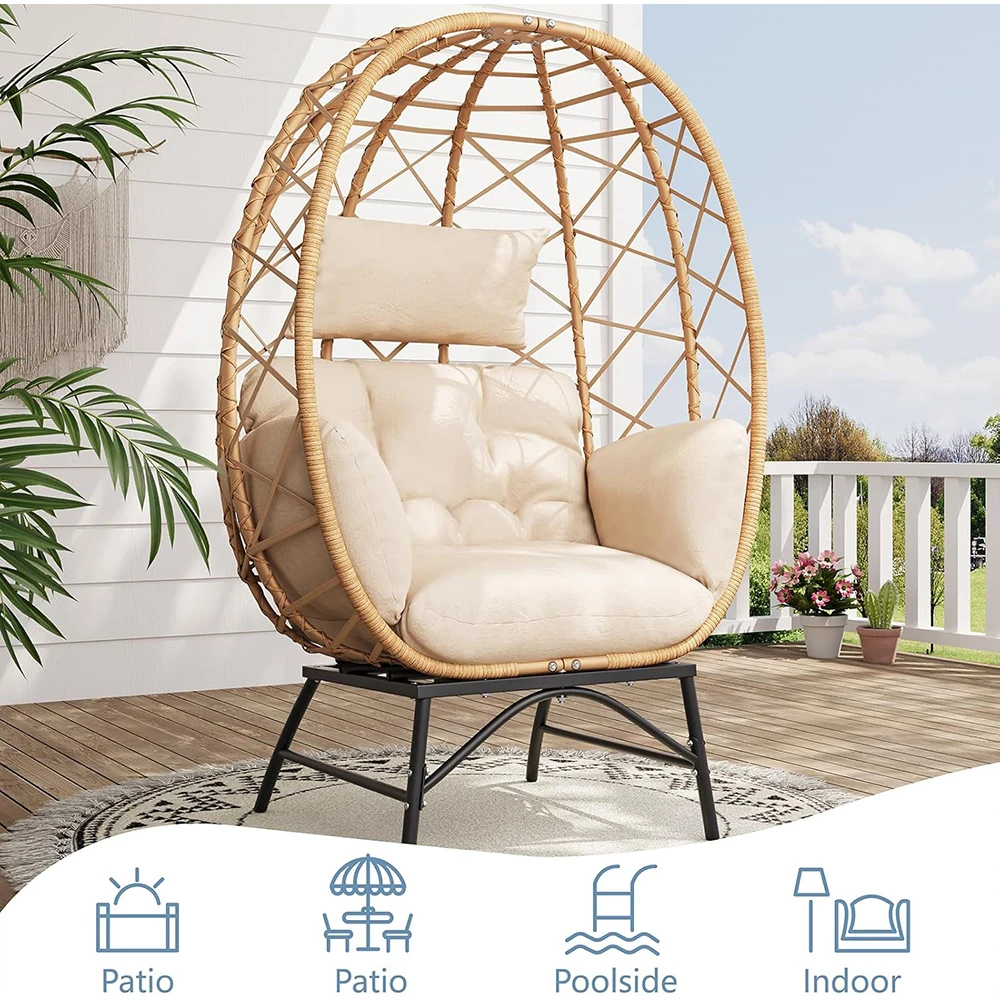 product modern rattan egg chair oversized outdoor lounge chair with cushion for patio backyard balcony beige-5