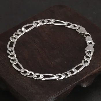 Real 925 Sterling Silver Italian 5mm Diamond-Cut Figaro Chain Bracelet Necklace For Women Men Classic Handmade Jewelry