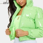 Jackets Puffer Down Coats Fashion Women Neon Green Shinny Cropped Bubble Winter Coat Cotton Padded Coat