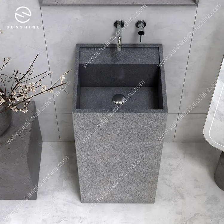 Custom Size Shanxi Black Granite Free Standing Sink Square Stone Pedestal Sinks