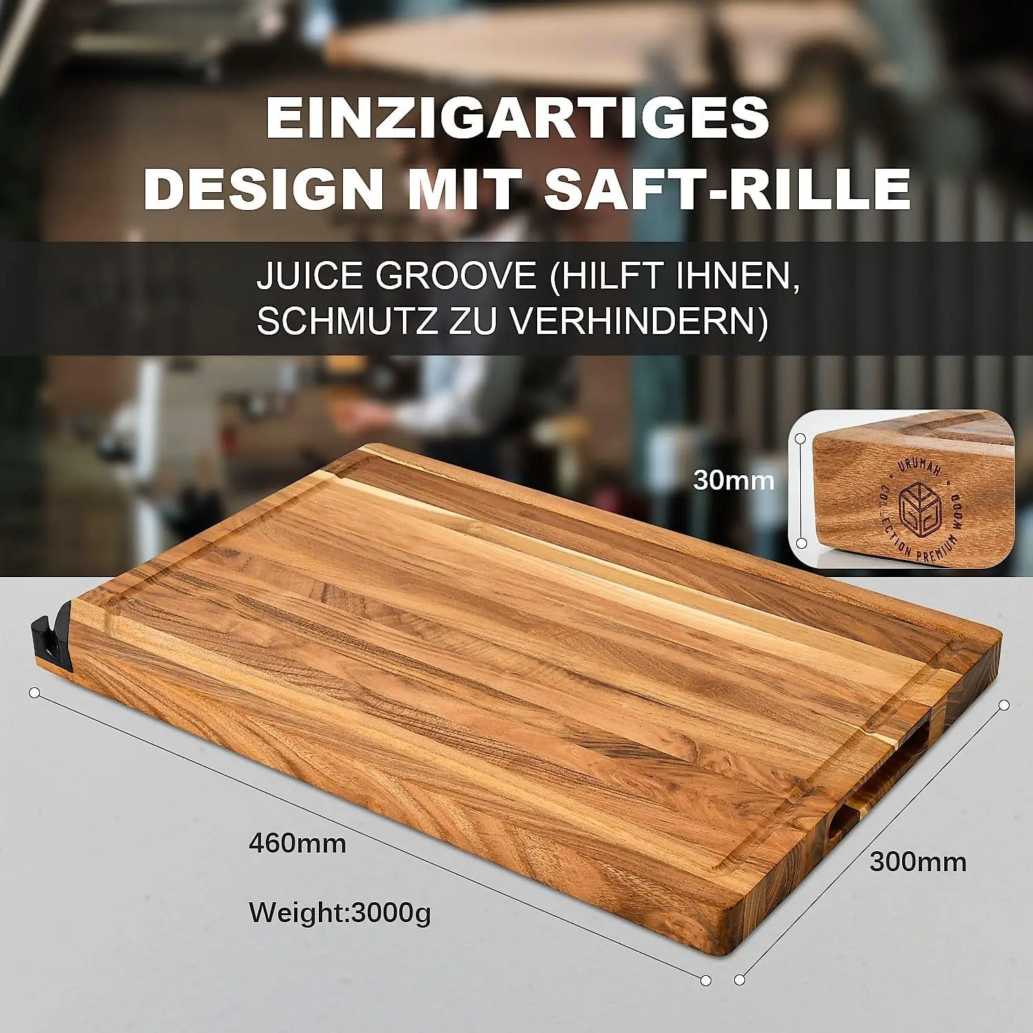 product large handmade teak cutting board with integrated knife sharpener 46x30x3 cm reversible with handles juice groove for chopping-0