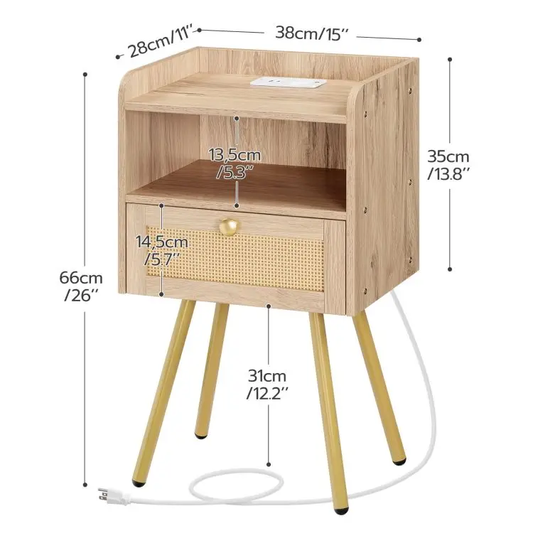 Modern Rattan 1 Drawer Beige Bedside Table Bedroom Furniture Wooden Nightstand Bedside Cabinet With Charging Station Usb Ports