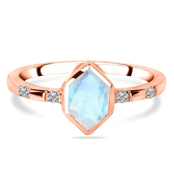 Rose Gold Plated Sterling Silver Ring Hexagon Cutting Birthstone Jewelry Moonstone Silver Promise Ring Diamond CZ Topaz