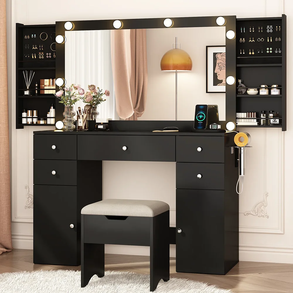 Luxury Makeup Vanity Set Lighted Mirror Quick Charging Socket Tempered-Glass Top Dressing Table Bedroom Furniture Storage factory