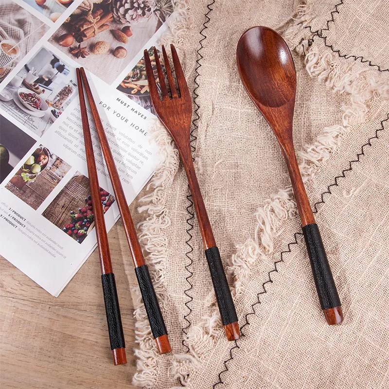 Dinnerware Utensils Flatware Set  - Fork, Spoon, Chopsticks Wooden Kitchen Travel Cutlery Set With Portable Pouch