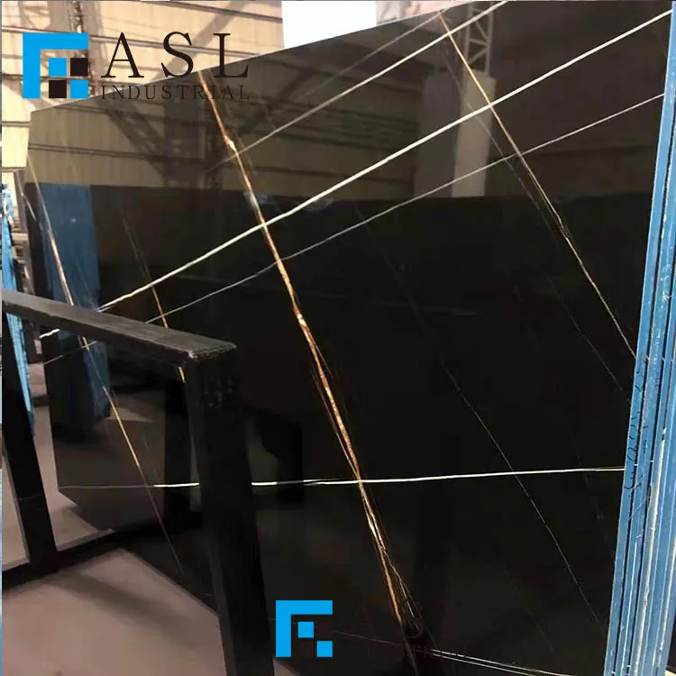 Custom natural pure black marble with gold line iran black marble vein of gold veins tunisa black gold stlaurent marble tiles