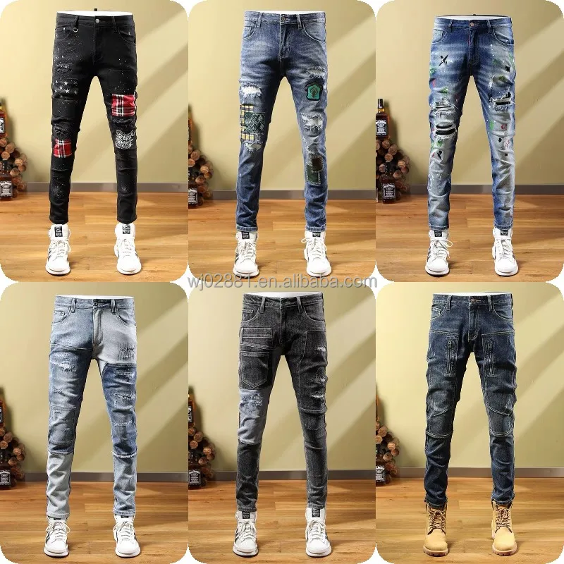 Fashionable Slim Fit Slim Tear Hole Jeans Side Hip Hop Pants Boys Split Jeans Men's Pencil Pants