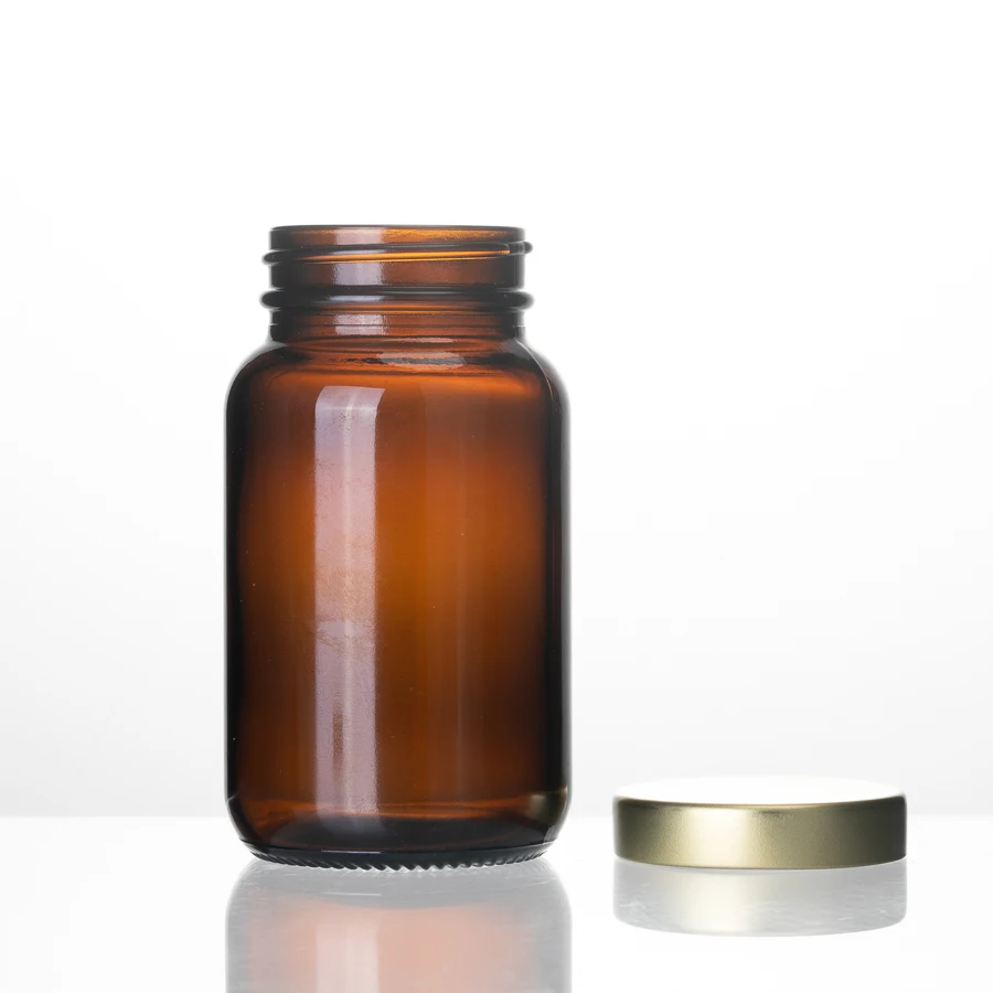 Stocked 100cc 150cc Glass Bottle Brown Amber Glass Jar For Healthcare Supplement with silver or gold caps