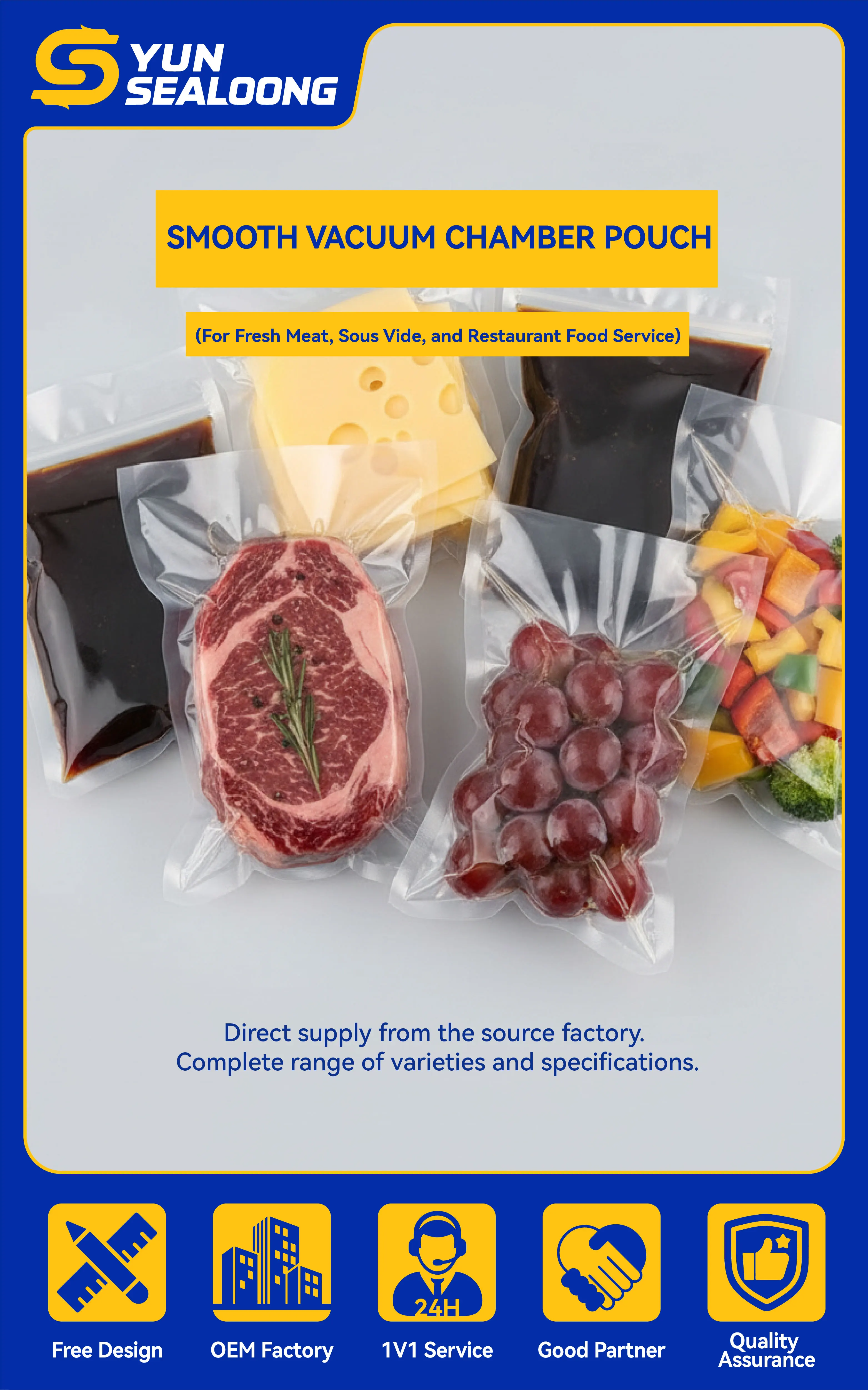 Wholesale Commercial Grade Smooth Vacuum Chamber Pouch for Fresh Meat, Sous Vide, and Restaurant Food Service