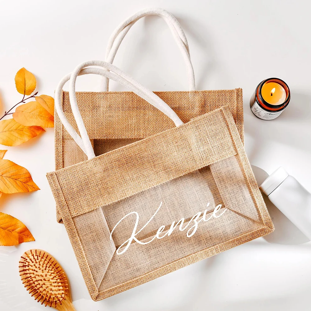 Wholesale Custom Printed Logo Portable Wedding Gift Tote Bags Hessian Linen Jute with Cotton Rope Handle and Transparent Window manufacture
