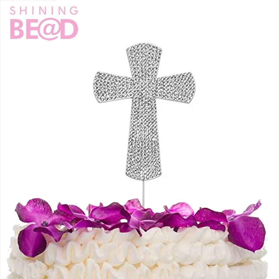 Crystal Diamante Religious Cross Cake Topper Baptism Christening Party Decor 