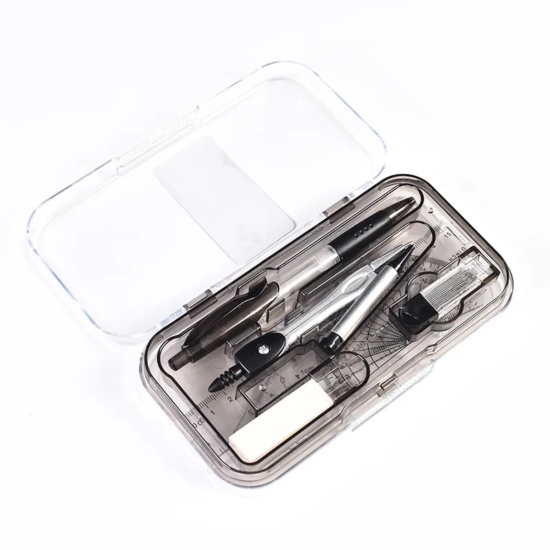3 Colors Custom Printing Logo Transparent Box Compass Pencil Sharpener Ruler Set Math Instrument Set
