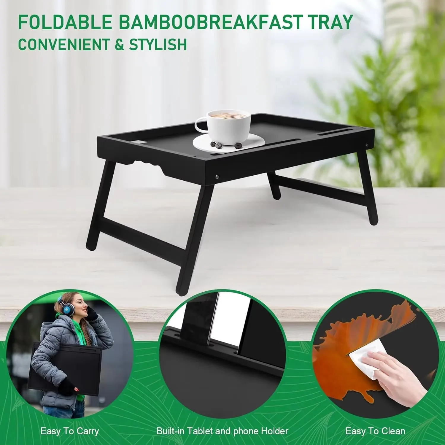 product bed tray table with handles folding legs bamboo breakfast food tray with media slot use as kitchen sofa serving-9