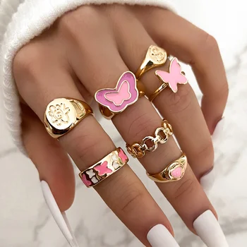 Sindlan 7pcs/set Bohemian Gold Ring Jewelry Pink Butterfly Heart Fashion Knuckle Ring Set For Women