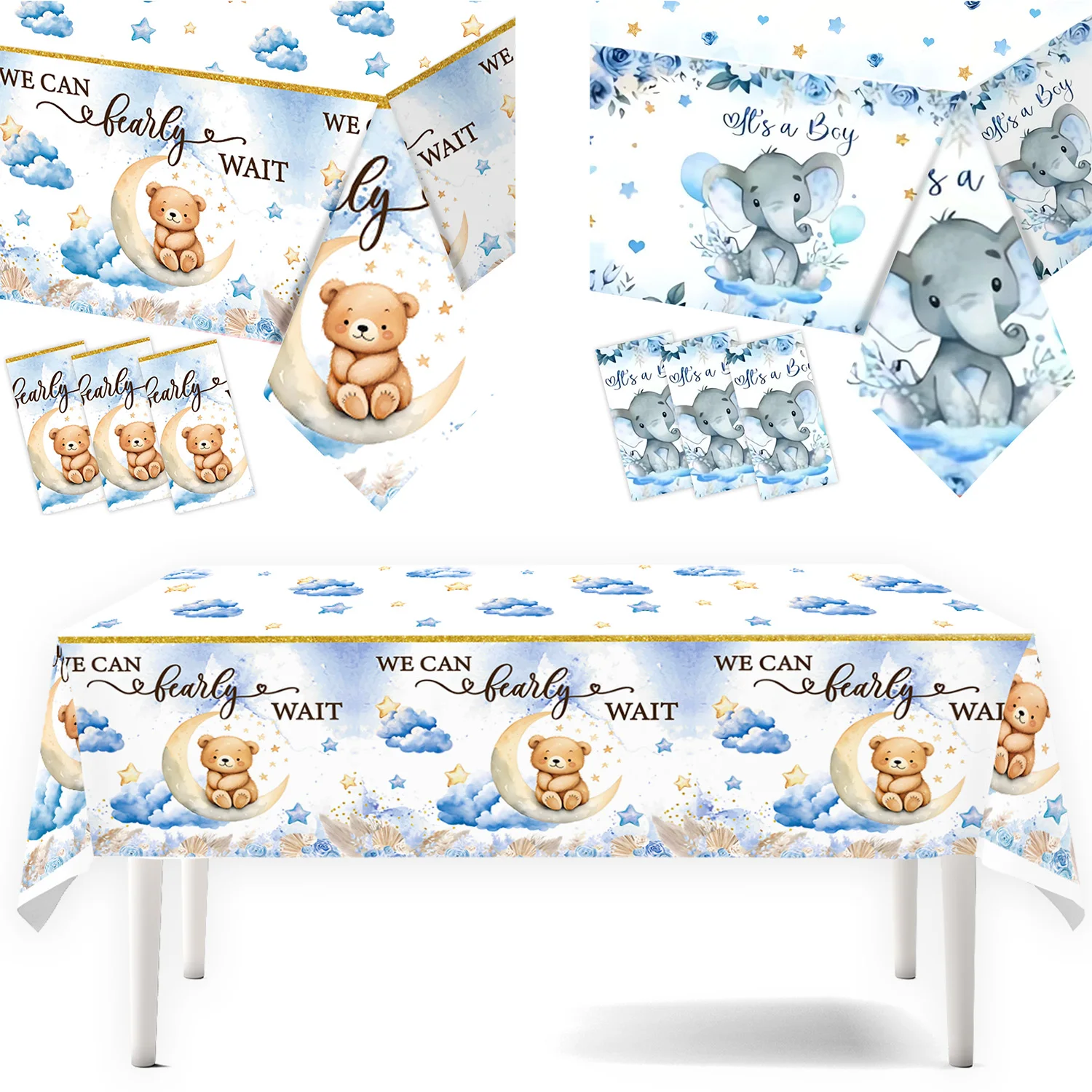 Large Size Party Tablecloths Disposable Table Cover Blue Bear Birthday Wedding Party Supplies Plastic Tablecloth